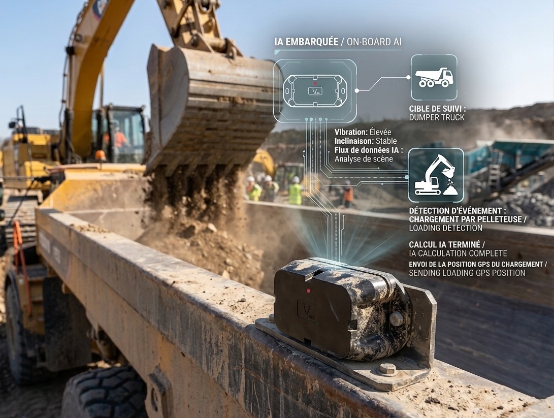 Boîtier tracker EVO InVirtus fixé sur un tombereau, détection du chargement par IA embarquée en temps réel