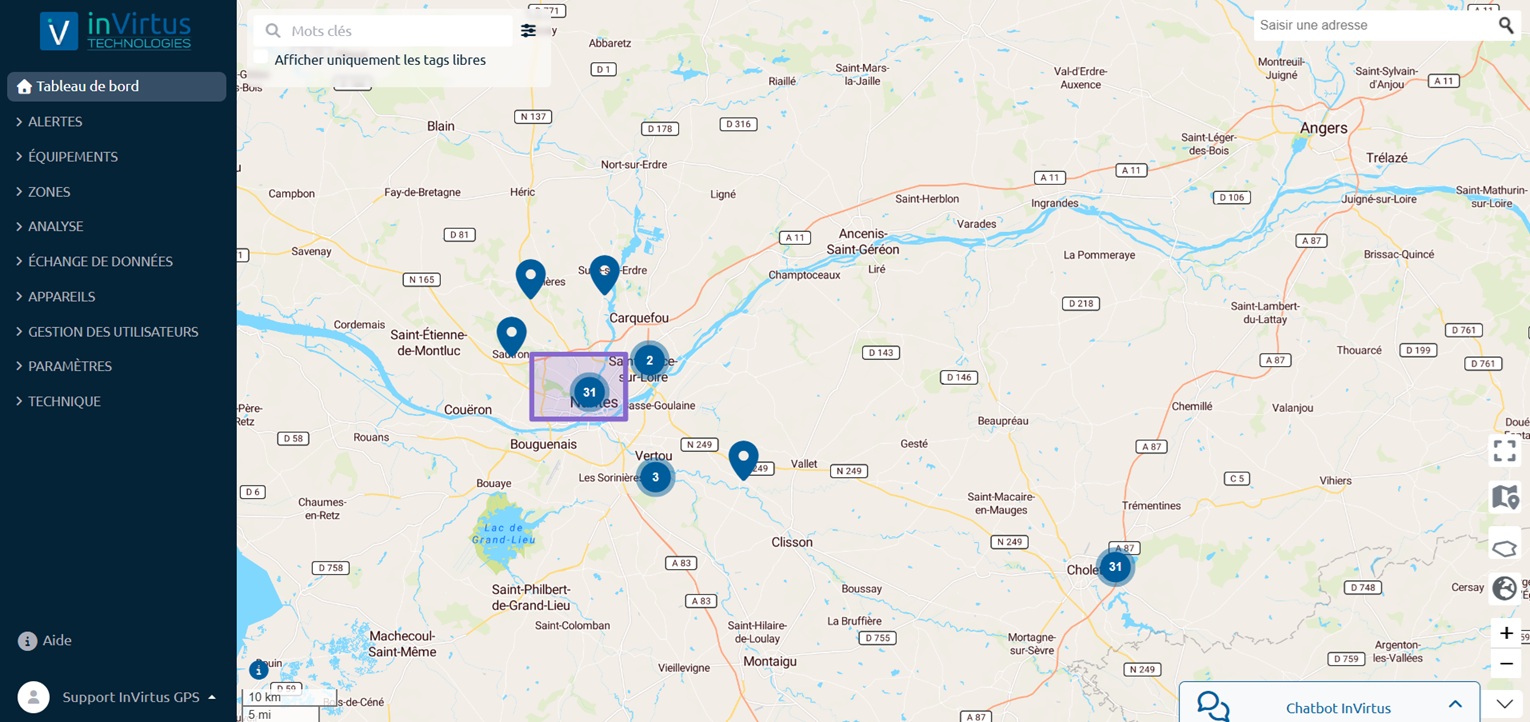 Carte de suivi GPS du parc matériel InVirtus, région nantaise