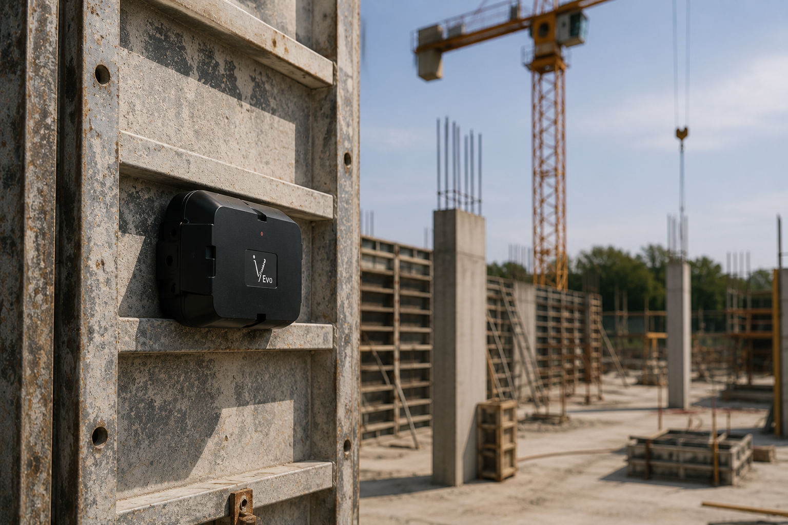 Tracker GPS EVO InVirtus fixé sur un voile de coffrage, grue de chantier en arrière-plan