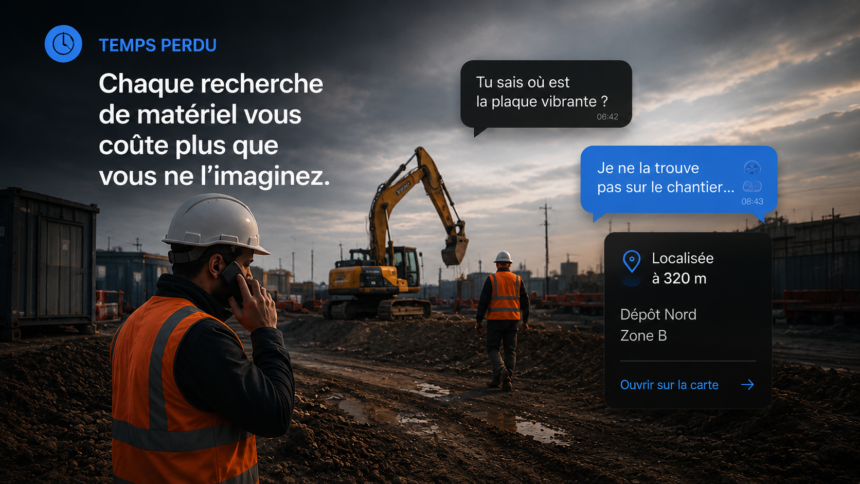 Chef de chantier cherchant du matériel par téléphone, puis localisation InVirtus