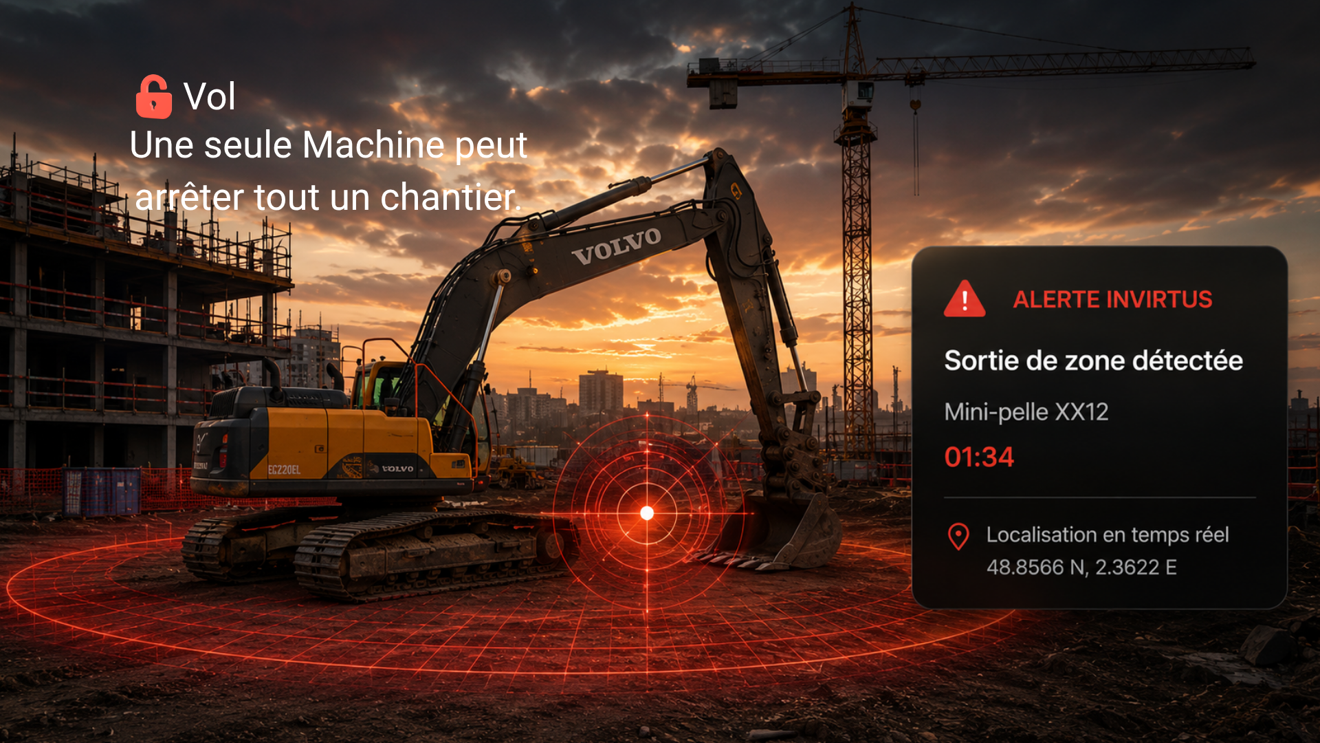 Alerte de vol InVirtus sur une pelle mécanique, sortie de zone détectée en temps réel